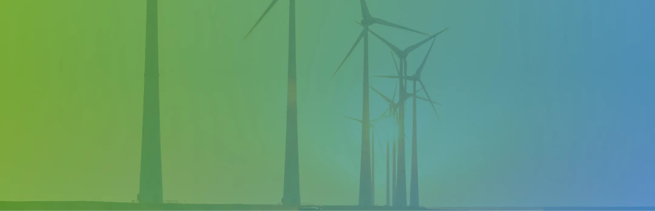 Wind turbines in the distance with a green-to-blue gradient overlay, representing RELA’s commitment to renewable energy projects across regional landscapes