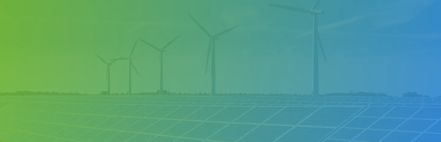 Wind turbines in the distance with a green-to-blue gradient overlay, representing RELA’s commitment to renewable energy projects across regional landscapes